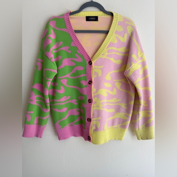 Cider Sweaters - Cider Colorblock Camo Knit Cardigan Pink Green Yellow Button Sweater M